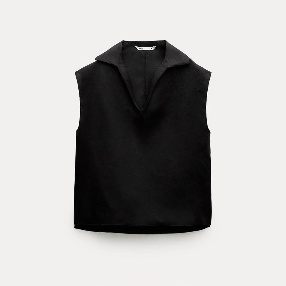 ZARA SLEEVELESS LINEN JOHNNY COLLAR V NECK TOP MINIMALIST WHIMSIGOTH Black S